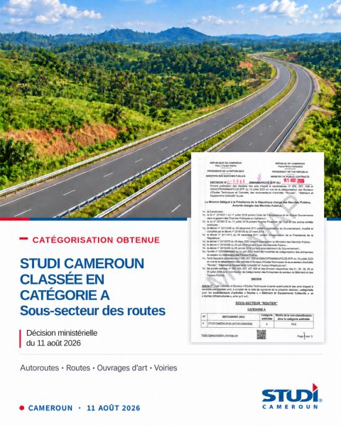 STUDI Cameroun obtient la Catégorie A dans le sous-secteur des Routes 