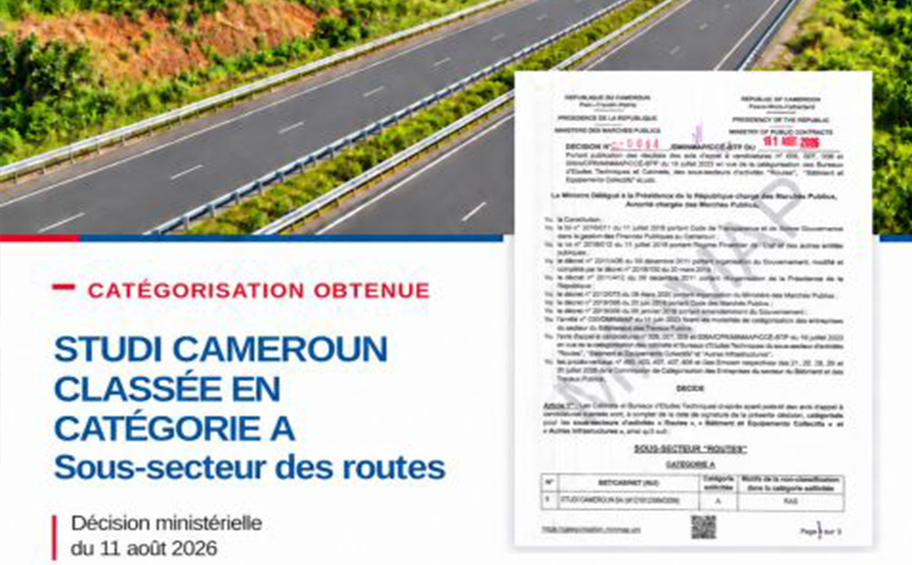 STUDI Cameroun obtient la Catégorie A dans le sous-secteur des Routes 